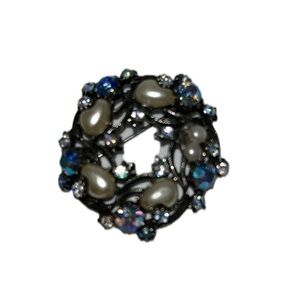 Florenza Faux Baby Tooth Pearl Blue Rhinestone Vintage Brooch Pin